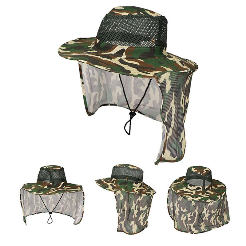 Unisex Camouflage Bucket Hat with Mesh Neck Flap Fishing Wide Brim Bo 270D