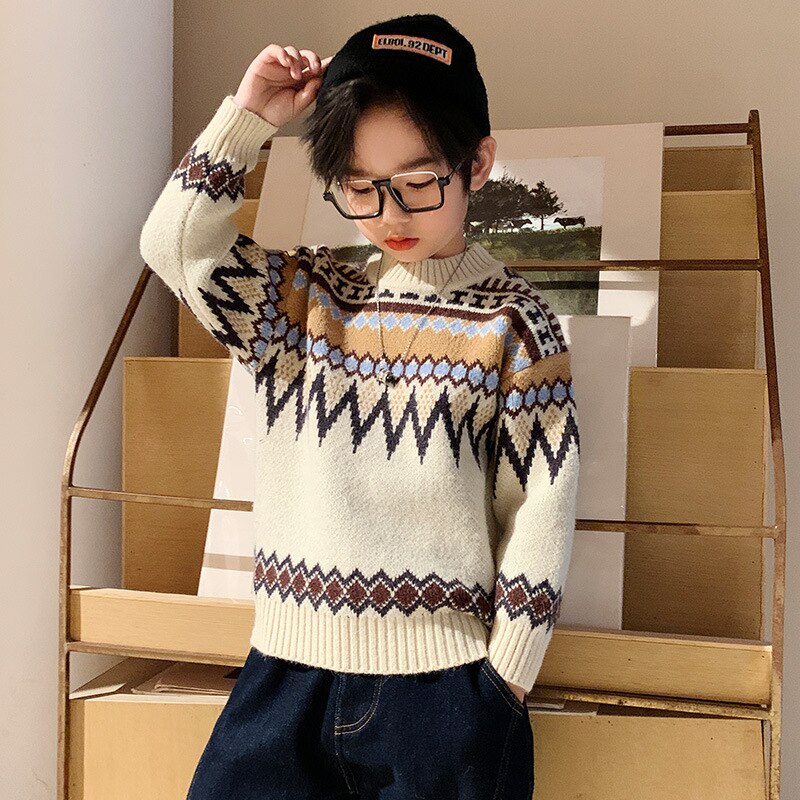 Suéter de algodón con cuello redondo para niños, ropa gruesa de punto para mantener el calor, invierno,