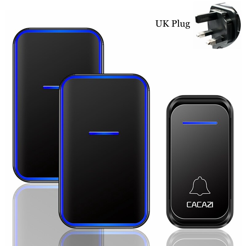 CACAZI Draadloze Deurbel Waterdicht 300M Remote 1 2 Knop 1 2 Ontvanger US EU UK Plug Smart Home Welkom bellen Deurbel: black 1x2 UK