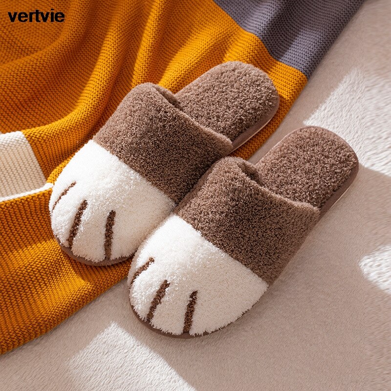 Vertvie Winter Slippers Vrouwen Mannen Paar Schoenen Leuke Kat Poot Thuis Indoor Harige Slippers Unisex Warm Pluche Slippers Zachte Schoenen: coffee / 44-45