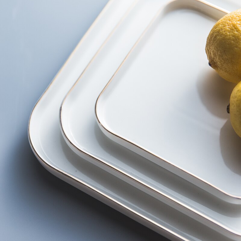 Plato cuadrado de cerámica dorada de estilo europeo, platos de cena, plato para carne de uso doméstico, contenedor de vajilla, bandeja plana, platos para Pasta