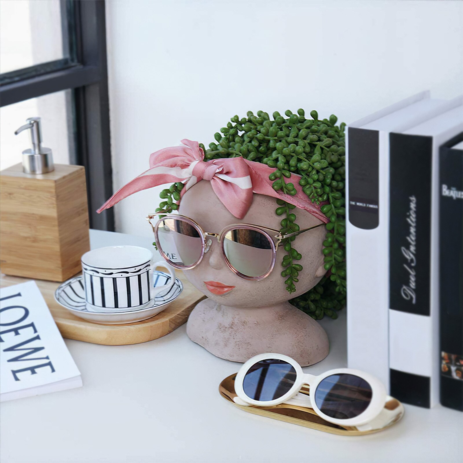 Maceta con forma de cabeza de mujer, maceta de resina atractiva para cara femenina, maceta decorativa de Cactus suculenta, con agujero de drenaje