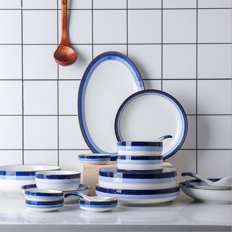 Blue Gradient Dinner Plate Ceramic Kitchen Plate Tableware Set Food Dishes Rice Salad Noodles Bowl Soup Kitchen Cook Tool 1PC