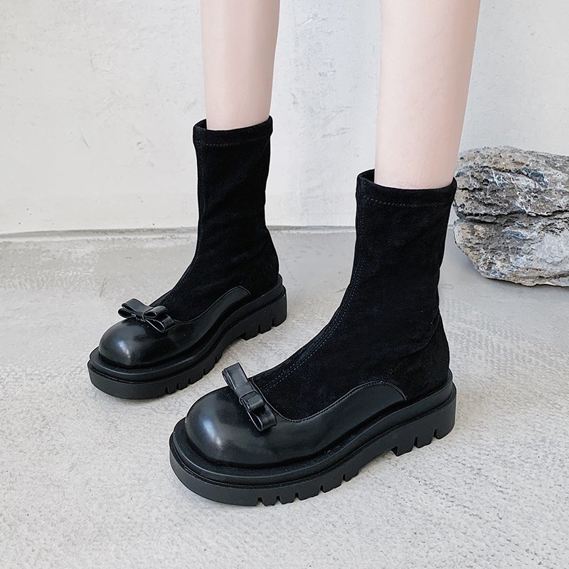 Bottes d'hiver dame talon plat femme chaussures bottes-femmes bout rond mi mollet bas caoutchouc Lolita automne Med Rock