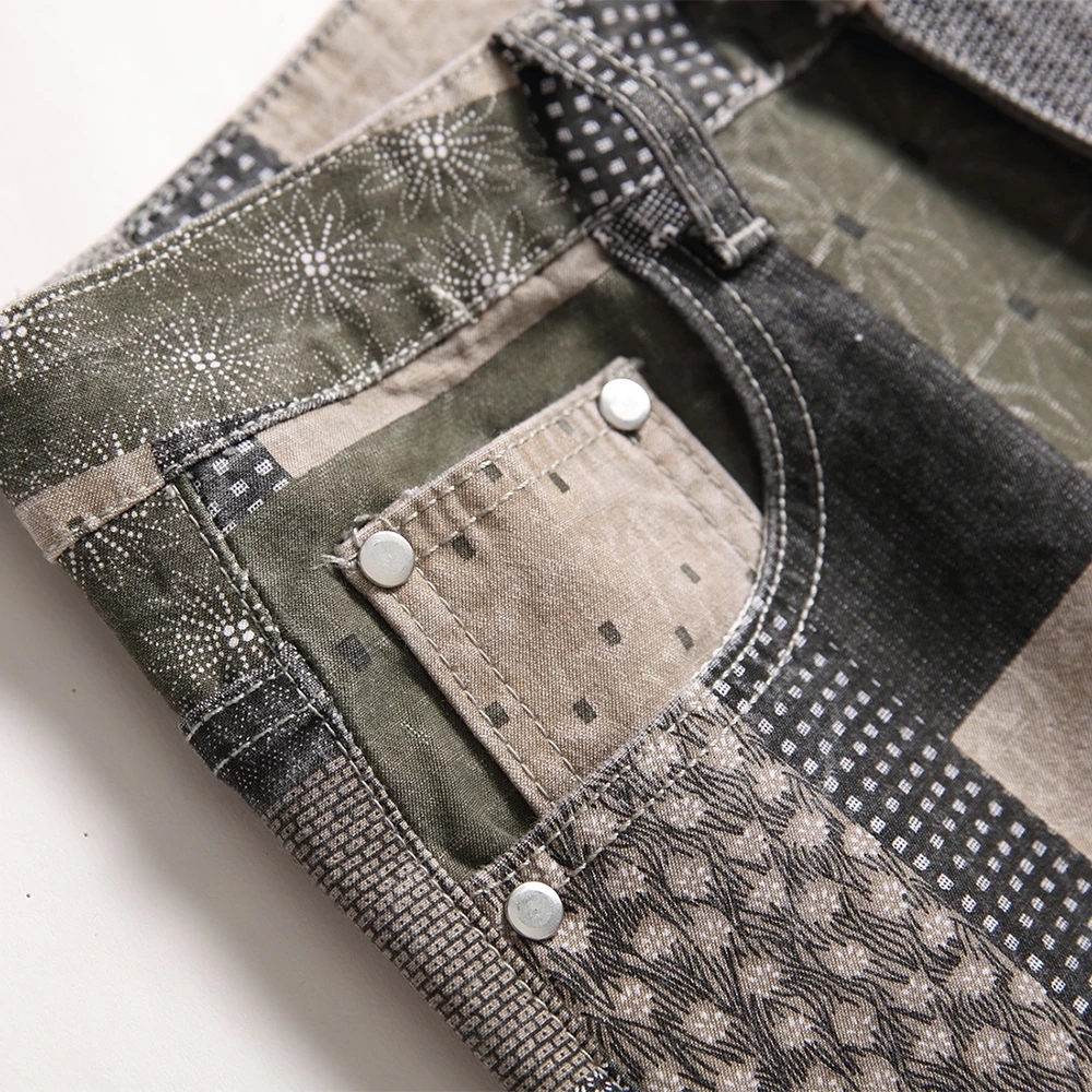 Men's Male Patch Patchwork Printed Jeans Slim Straight Stretch Denim Pants Plaid Digital Painted Trousers F819