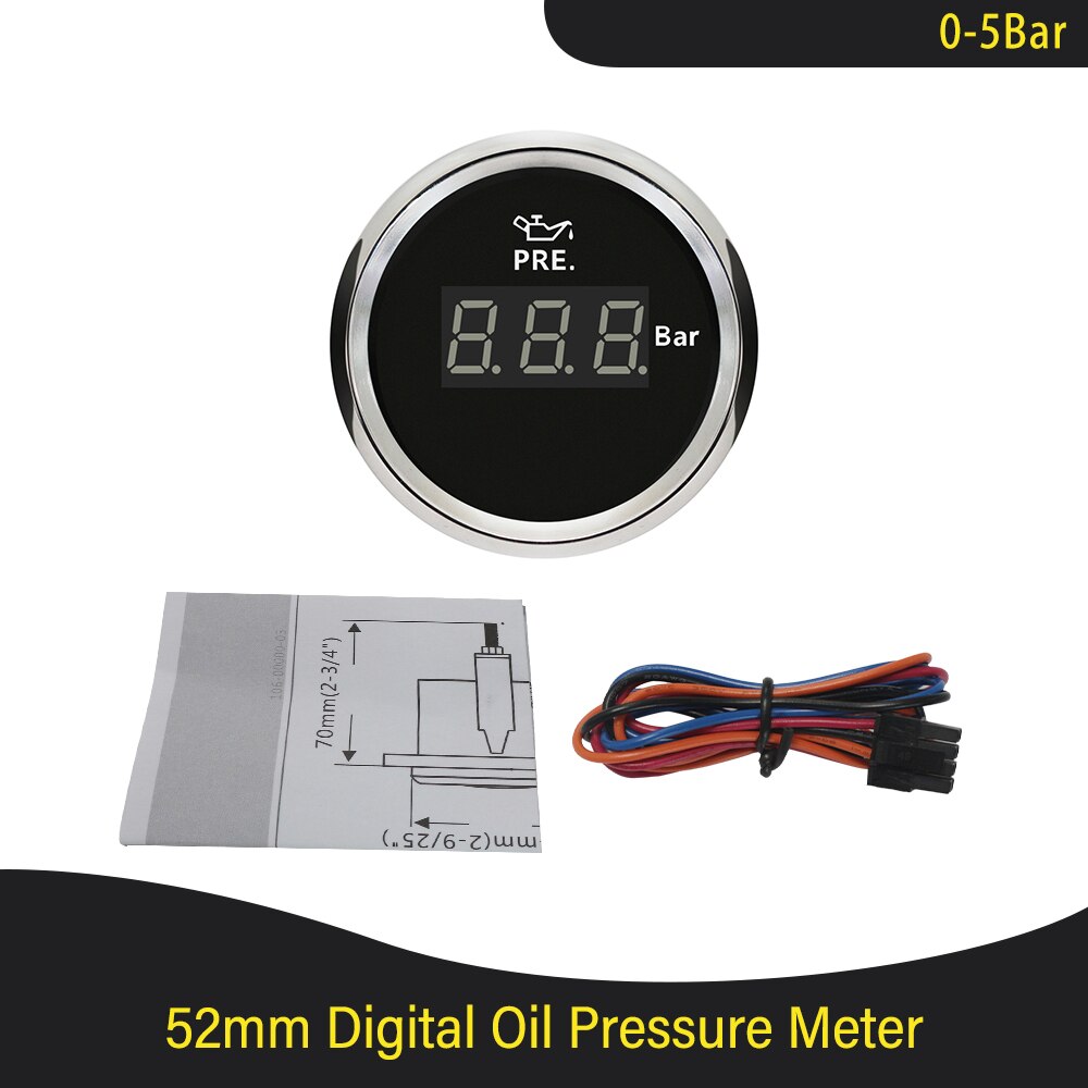 Universal vandtæt 52mm olietryksmåler 0-5 bar 0-75 psi /0-10 bar 0-145 psi med rød baggrundsbelysning 9-32v til bil lastbil båd: Digital 0-5 bar bs