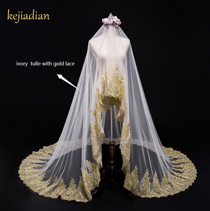 Voile de mariage en dentelle dorée, longueur 300cm, largeur 300cm, accessoires de mariage, de luxe: Ivoire