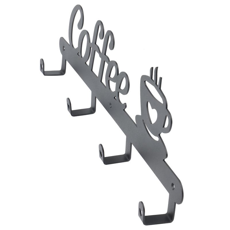 Metal Coffee Mug Holder, Wall Mounted Coffee Cup Rack With Coffee Sign, 4 Hooks Art Metal Cup Hanging Decor