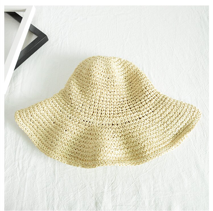 Simpel pige raffia solhat bred skygge floppy sommer hatte til kvinder strand panama halm kuppel spand hat femme skygge hat: Beige