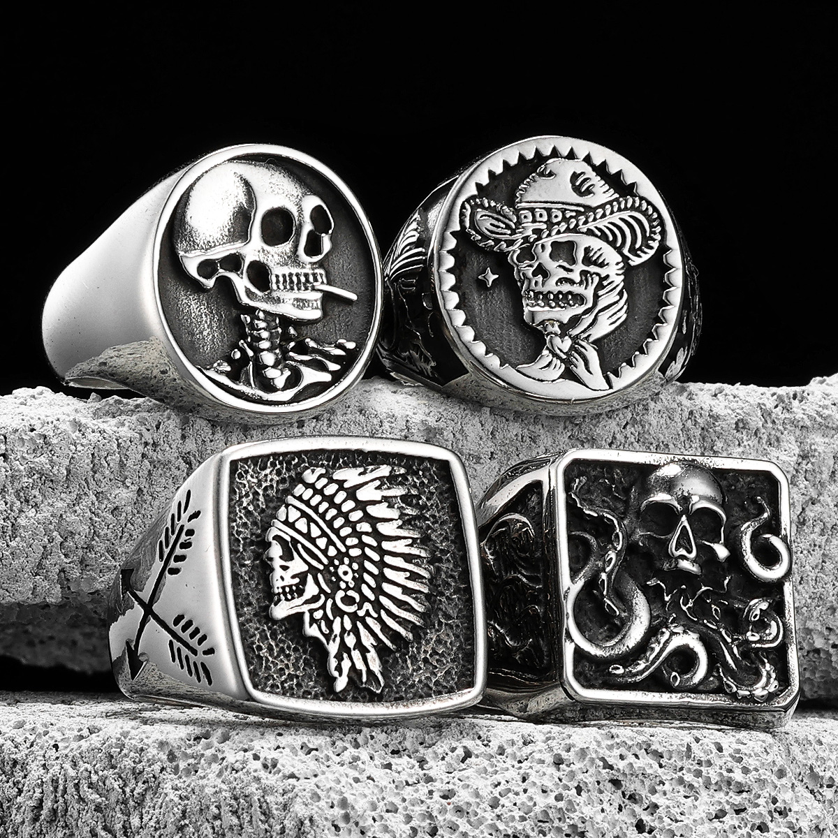 Cowboy Schedel Ratelslang Mannen Ringen Rvs Stalen Vrouwen Sieraden Vintage Punk Rock Cool Stuff Mode Accessoires