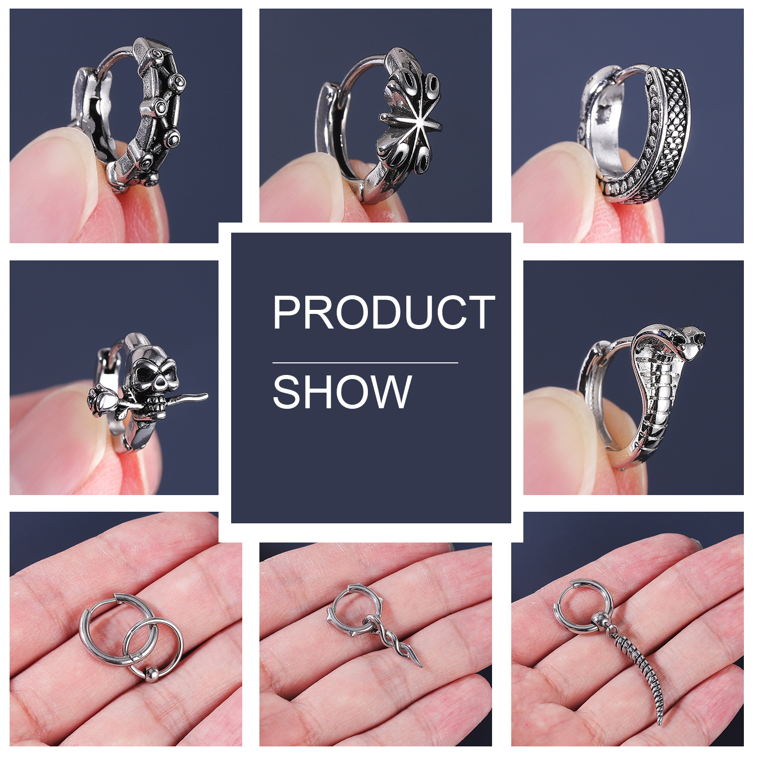 ZS-pendientes de aro de acero inoxidable para hombre, aretes redondos de calavera, serpiente, gótico, Punk, Rock, colgante, cartílago de hélice, 18G, 2 unidades por lote