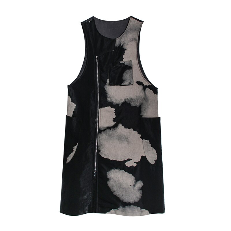 [EAM] vestido de temperamento largo estampado con negro para mujer, cuello redondo sin mangas, ajuste suelto, Primavera otoño 1DA260: Default Title