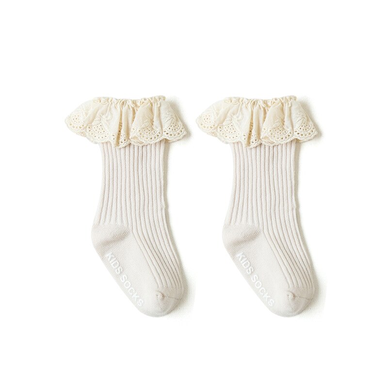 8 Kleuren Baby Knie Sokken Lace Edge Schroefdraad Kid Sokken Verticale Strepen Zachte Ademende Buis Sokken Antislip Voet sox 0-3Y Meisjes: White / S 0-1Y