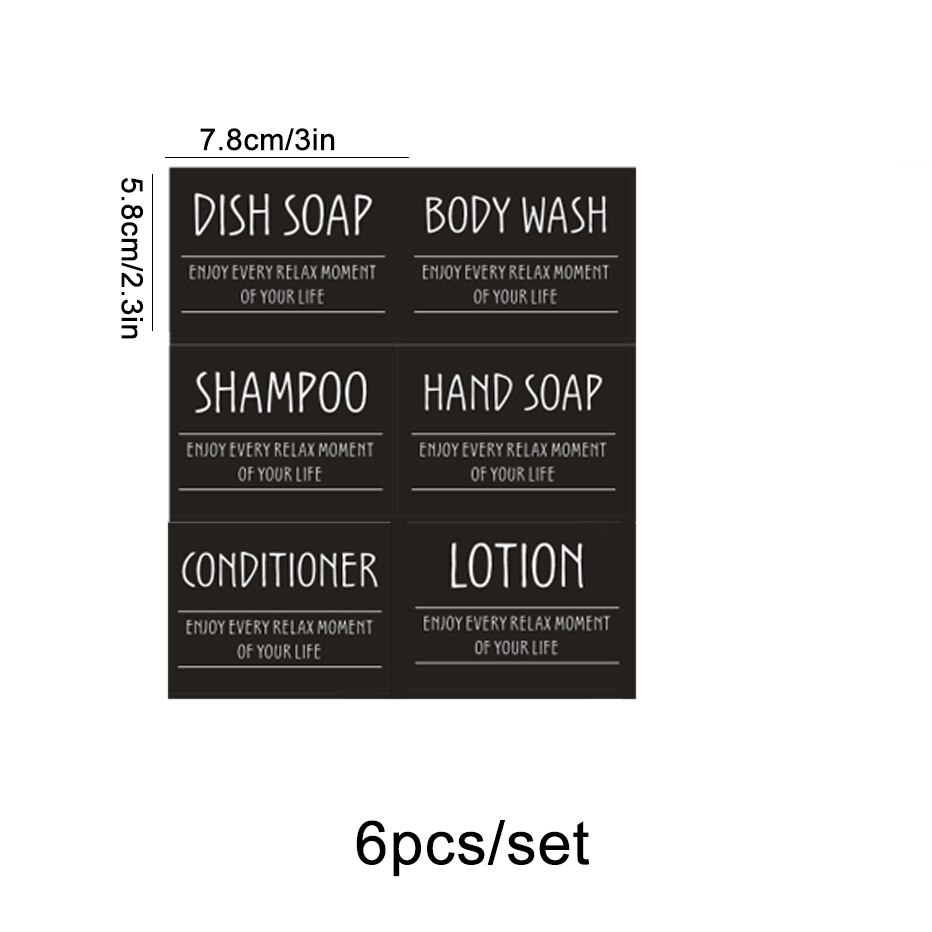 6 stk etiketter klistermærker til sæbedispenser flasker lotion shampoo balsam fortrykte klistermærker køkken badeværelse etiketter: Sort