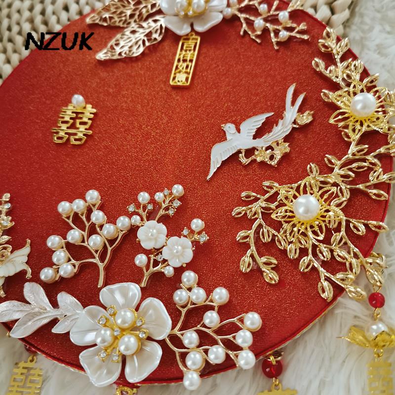 NZUK Red Chinese Wedding Fan Bouquet Ancient Style Handmade Classical Group Fan Traditional Bridal Hand-held Fan