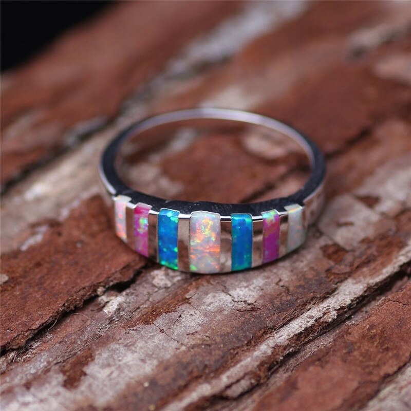 Neue Regenbogen Opale Hochzeit Ringe Für Frauen Blau Opal Ring Engagement Silbrig Schmuck Ringe Für Frauen Hochzeit Ring Für Damen