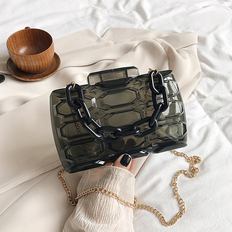 Acryl Transparante Plaid Clutch Bag Zomer Avondtasje Vrouwen Makeup Box Meisjes Pvc Schouder Keten Tas Plastic Clear Clutch: transparent black
