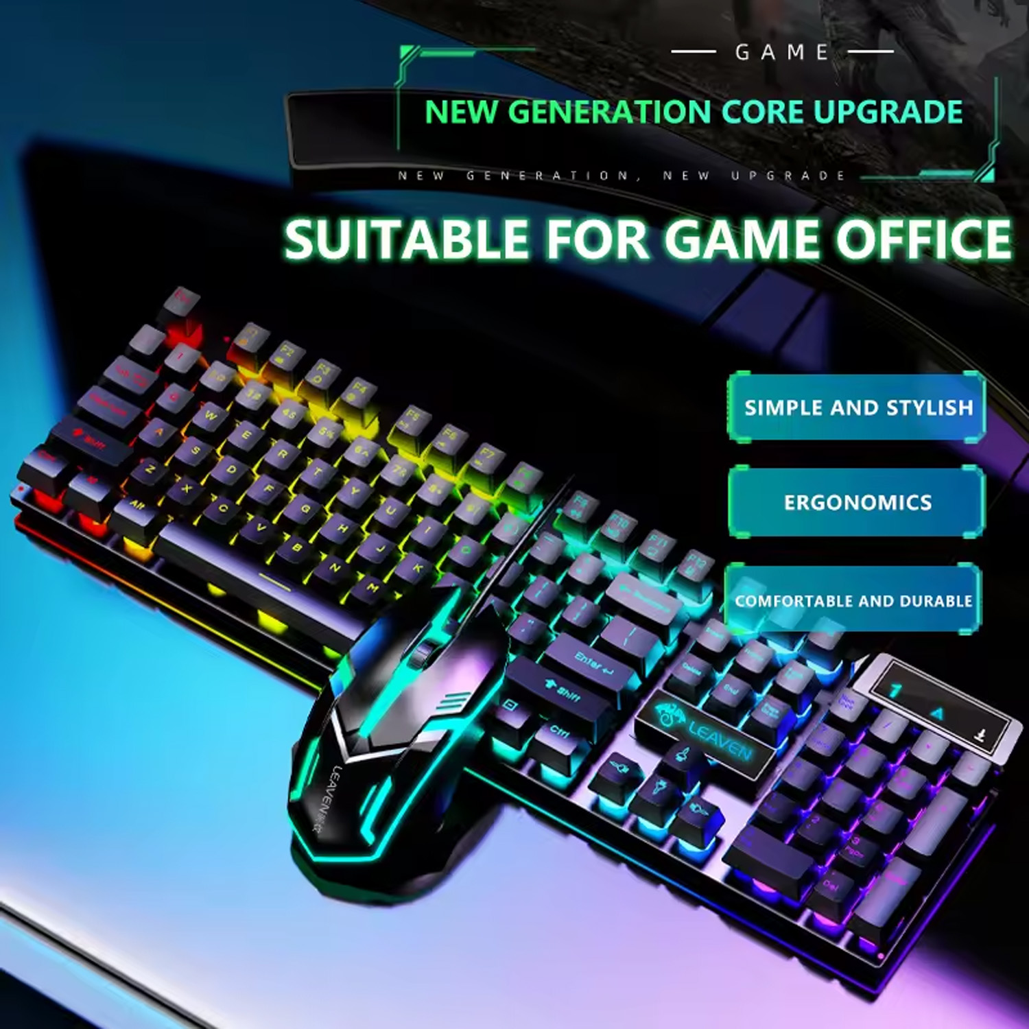 Gamer-Tastatur und Maus, PC-Gaming-Tastatur, RGB-Tastatur mit Hintergrundbeleuchtung, Gummi-Tastenkappen, kabelgebundene englische Tastatur, Maus, Gamer-Gaming-Maus