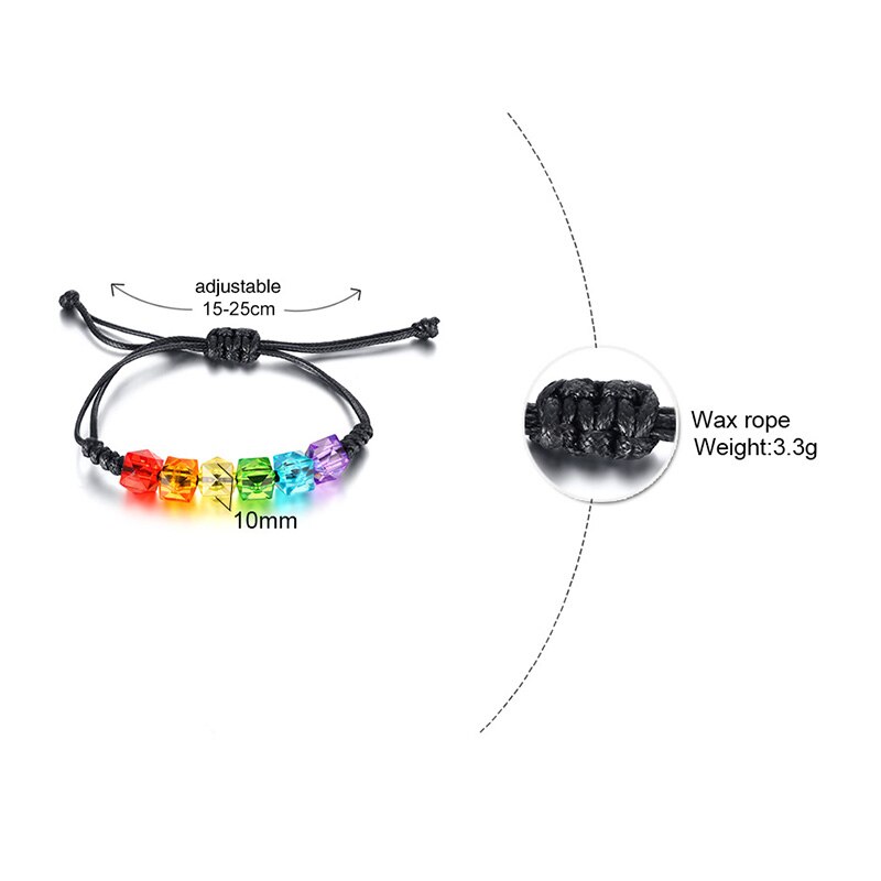 Vnox rainbow grânulos pulseiras para homens corda ajustável colorido claro frisado unissex orgulho lgbtq jóias