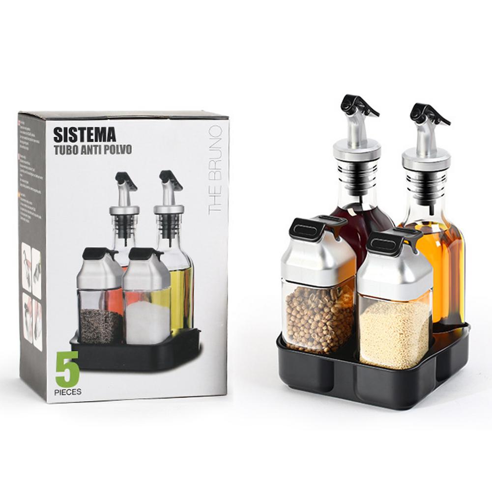 5Pcs Set Oil And Vinegar Salt Pepper Dispenser Set With Storage Tray Glass Bottle Stainless Steel Spout With Storage Tray