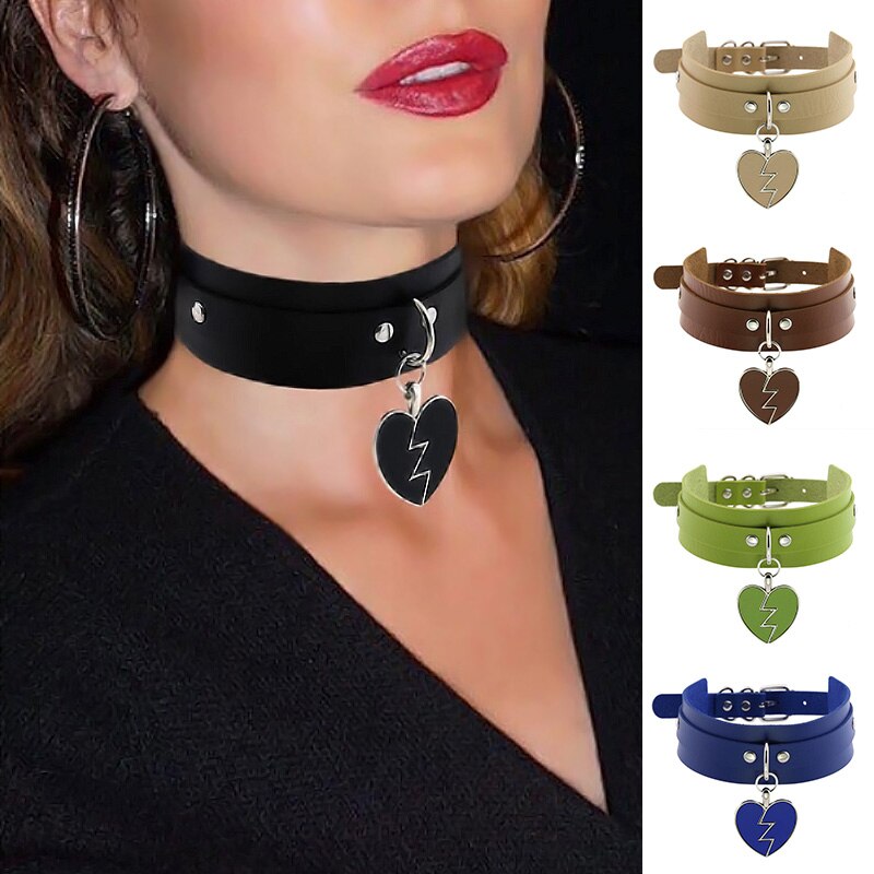 Weibliche Breite Leder Halsband Verstellbare Halsketten Punk Nacht Club Party Jewely Blitz Liebe Herz Anhänger Kragen Halsketten