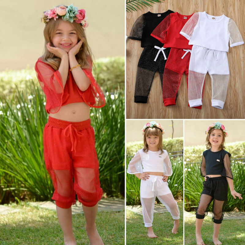 Toddler Baby Girl Kid Clothes Sets 1-5Y Lace Shining Short Sleeve Tops Pants Sets Formal Party Clothes