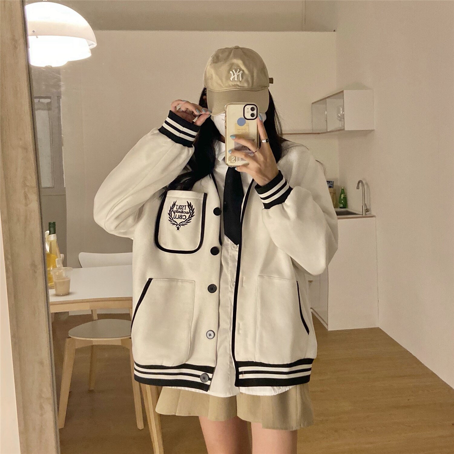 Abrigo de Niña estudiante, chaqueta de béisbol para novia, Rebeca de manga larga suelta Coreana de algodón pequeño americano versátil blanco: Blanco / XL 65kg-80kg