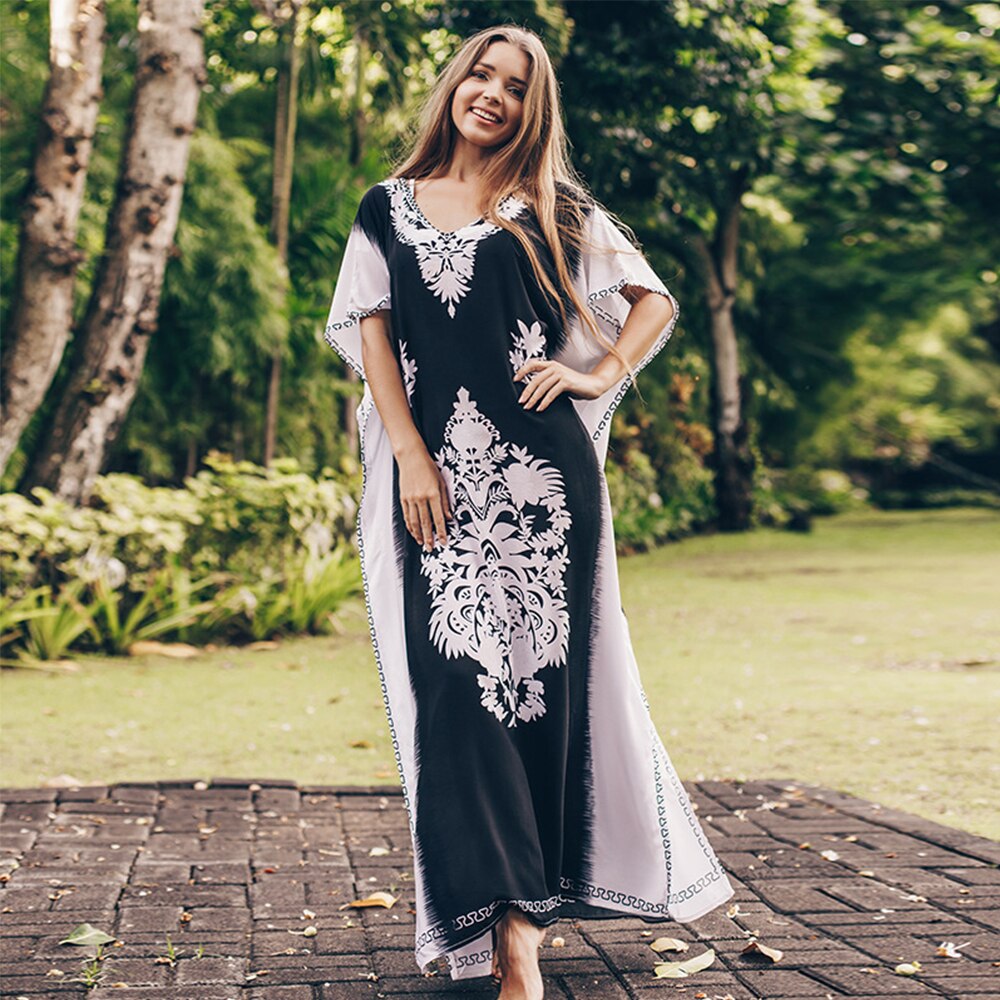 Bohemian Strand Jurk Plus Size Print Beach Cover Up Lange Katoenen Tuniek Batwing Mouw Sarong Vintage Beachwear