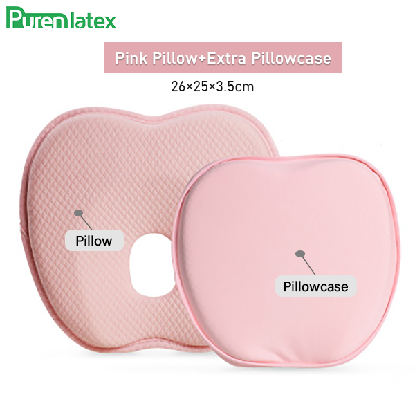 Purenlatex Newborn Baby Head Shaping Pillow 0-12 Months Memory Foam Preventing Flat Head Syndrome(Plagiocephaly) Neck Support: Pink Set