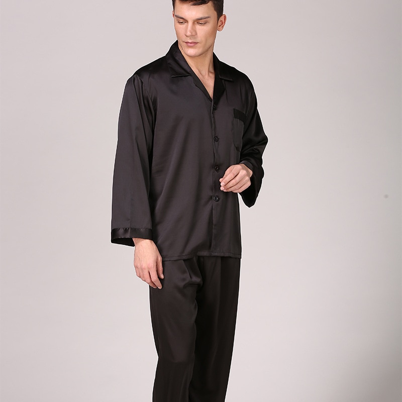 Nattøy menn svart nattøy langermet pyjamas sovedrakt for menn husklær silke pyjamas for menn nattøy herre pyjamasett