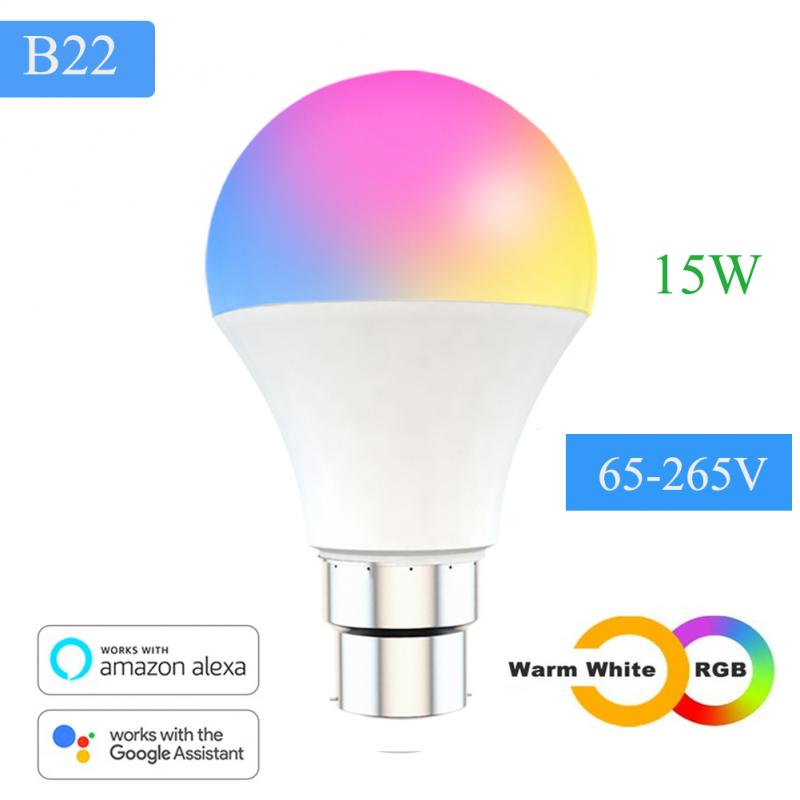 15W WiFi Smart Light Bulb E27 B22 Dimmable RGB+CCT 85-260V Smart Light Bulb Voice Control Work With Alexa Google Home Smart Home: B22