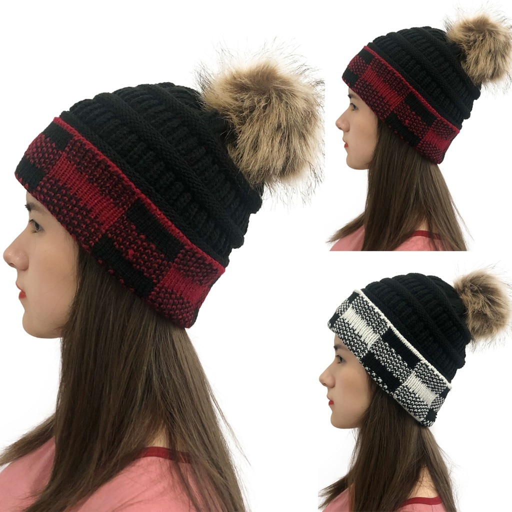 Kvinder vinter hat afslappet plaid hatte syning udendørs plys hatte hæklet strik beanie hat vinter hatte til mænd bjergbestigning hat