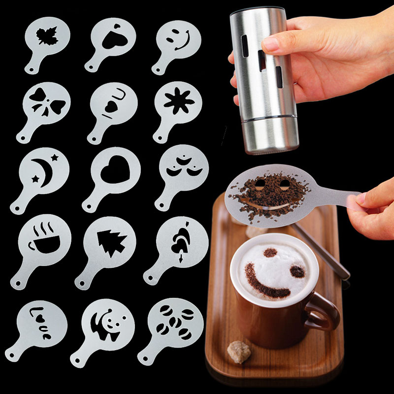 16 stk kaffe tegning cappuccino form fancy kaffe print model skum spray kage stencils pulveriseret sukker si værktøjer