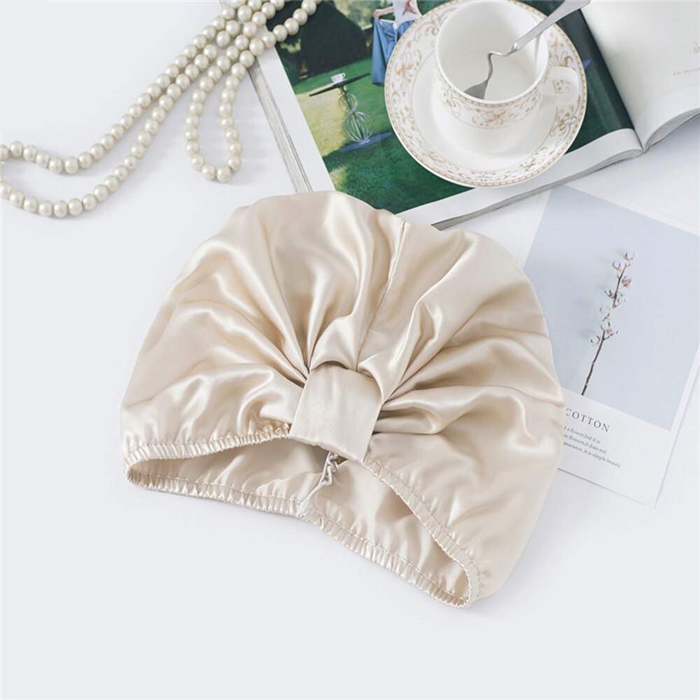 100% Mulberry Silk Sleeping Cap Night Silk Sleeping Bonnet Cover for Women with Elastic Ribbon for Hair Care Long Hair 19 Momme: khaki