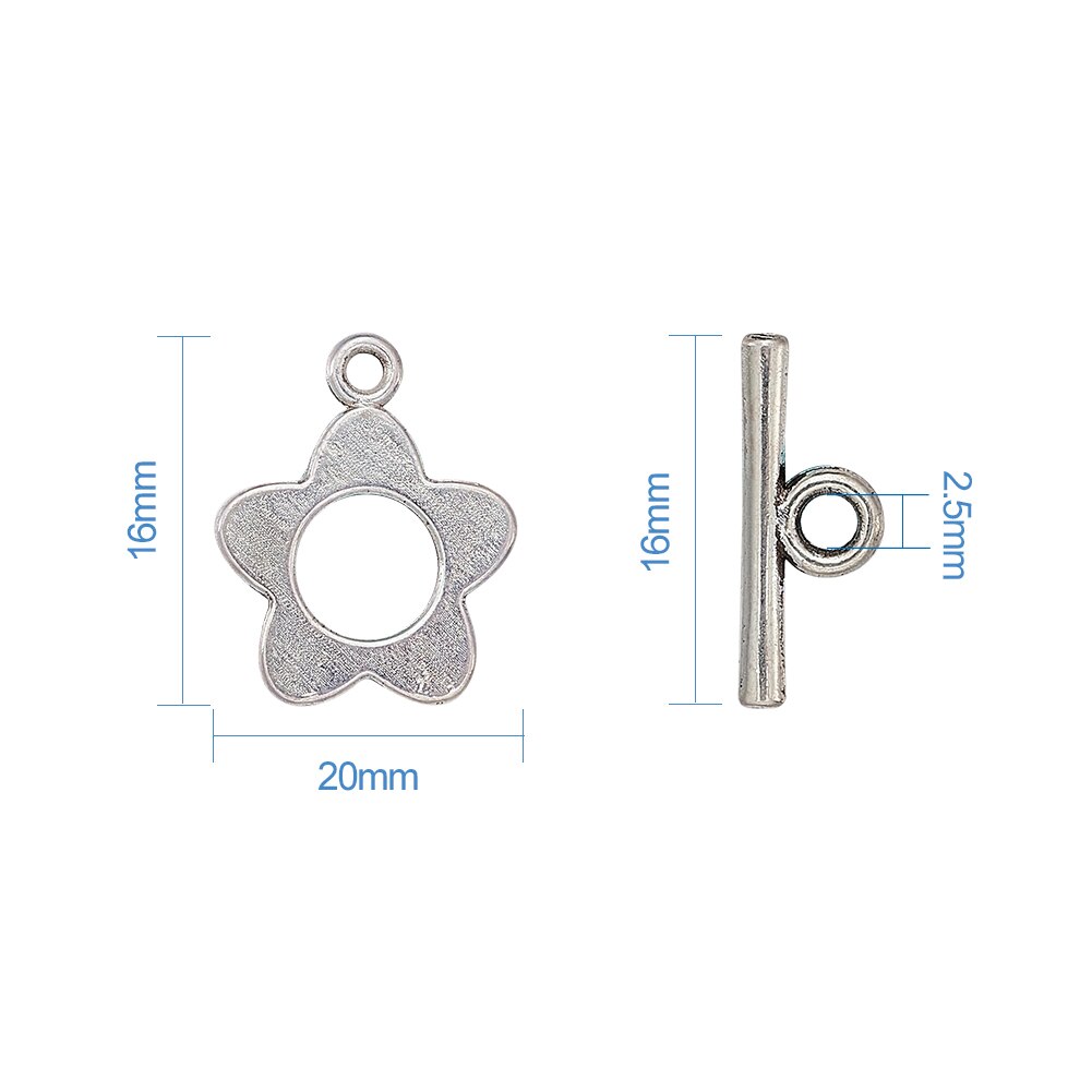 20Sets Tibetaans Zilveren Bloem Toggle Sluitingen Antiek Zilver Loodvrije &amp; Nikkel Vrij En Cadmium Vrij, Toggle:16X20Mm, Tbar:16Mm Lange