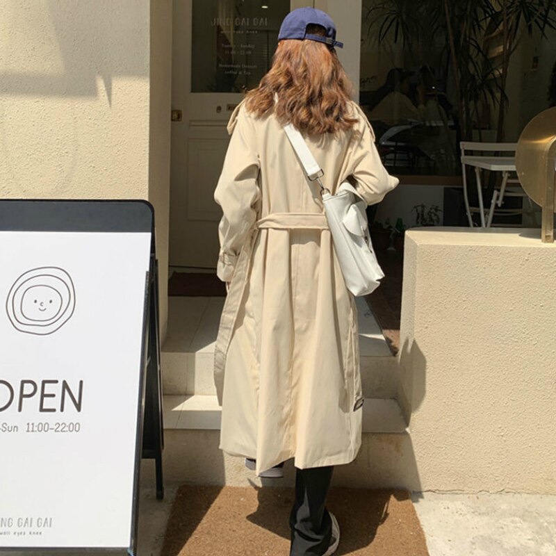 Trench kvinners høst solid dobbeltspent lang stil belte koreansk versjon løs leisre daglig streetwear kvinnelig klassisk kåpe