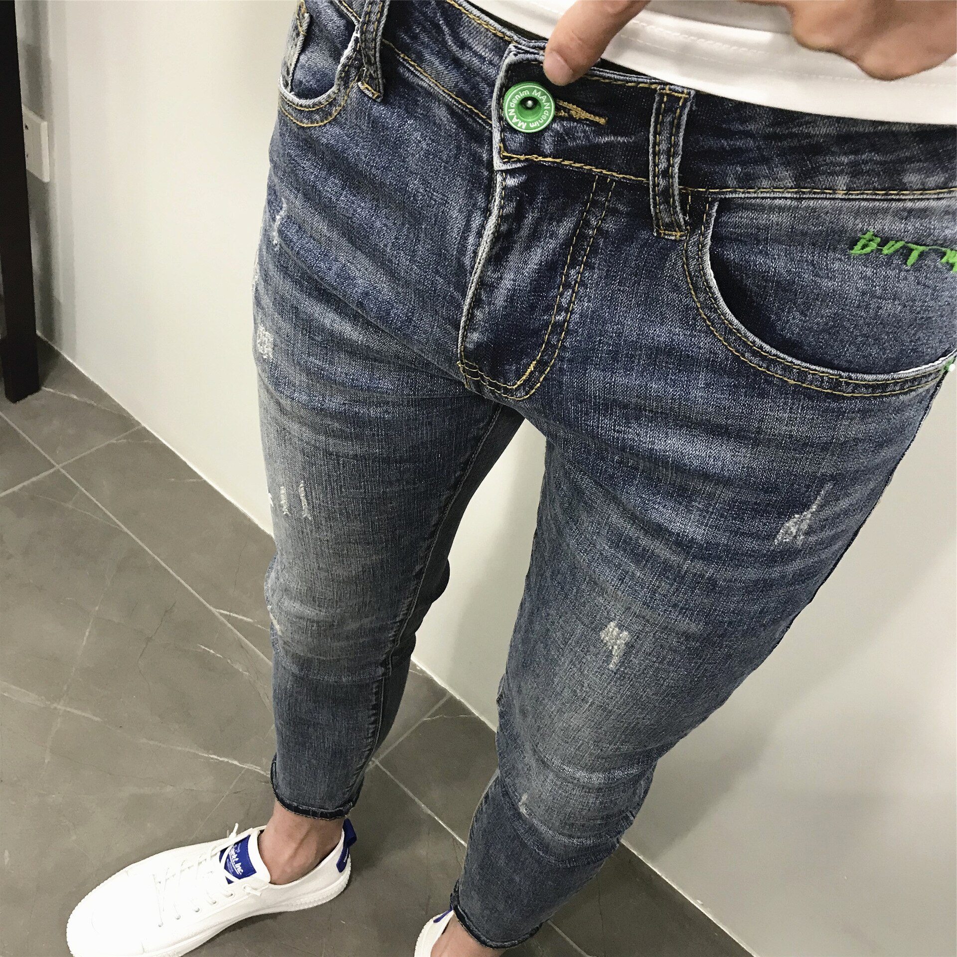 AOWOFS Slim Fit Jeans för Herr - Broderi - Dragkedja - Vår/Höst