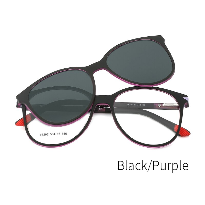 Gepolariseerde Zonnebril Mannen Vrouwen En Glazen Frame Van Brillen Zonnebril Vrouwen Mannen Magnetische Clip Op Tr Ronde Zonnebril: T6202 Black Purple