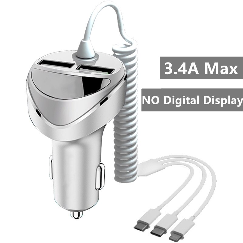 QC 3.0 Quick Car Charger With 3 in 1 USB Cable For iphone 11 7 Samsung Xiaomi Huawei Micro USB Type C Fast Phone Charge Charger: 3.4A NO Display W