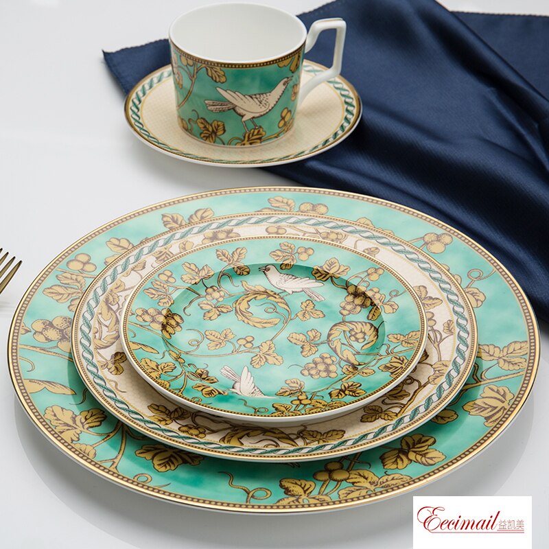 EECAMAIL British Style Bone China Model Room Club Western Tableware Steak Plate Home Salad Plate Golden Bird Series Set