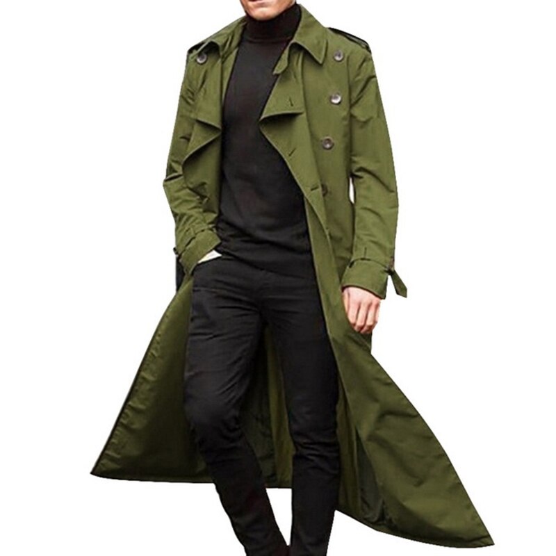 nouveaux hommes longue Trench Coat hommes Long revers ouvert coupe-vent hommes décontracté: green / XXL