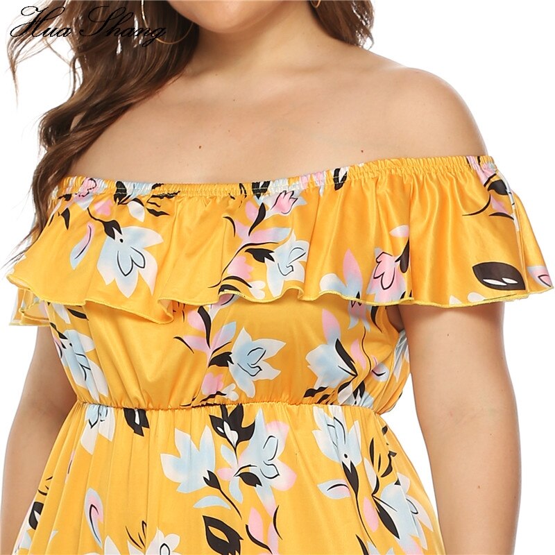 Off Shoulder Dress Plus Size Women Summer Ruffles Slash Neck Short Sleeve Floral Print Boho Beach Dresses Tunic Irregular Dress
