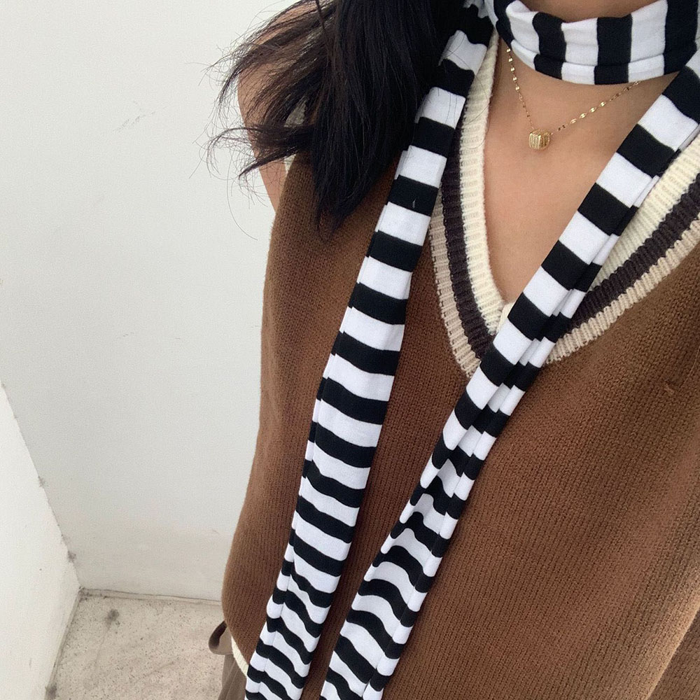 Bufanda a rayas blancas y negras Y2K, bufandas tejidas ajustadas y estrechas Harajuku para mujer, decoración, calentador de cuello grueso, bufanda larga con lazo: Dark Brown