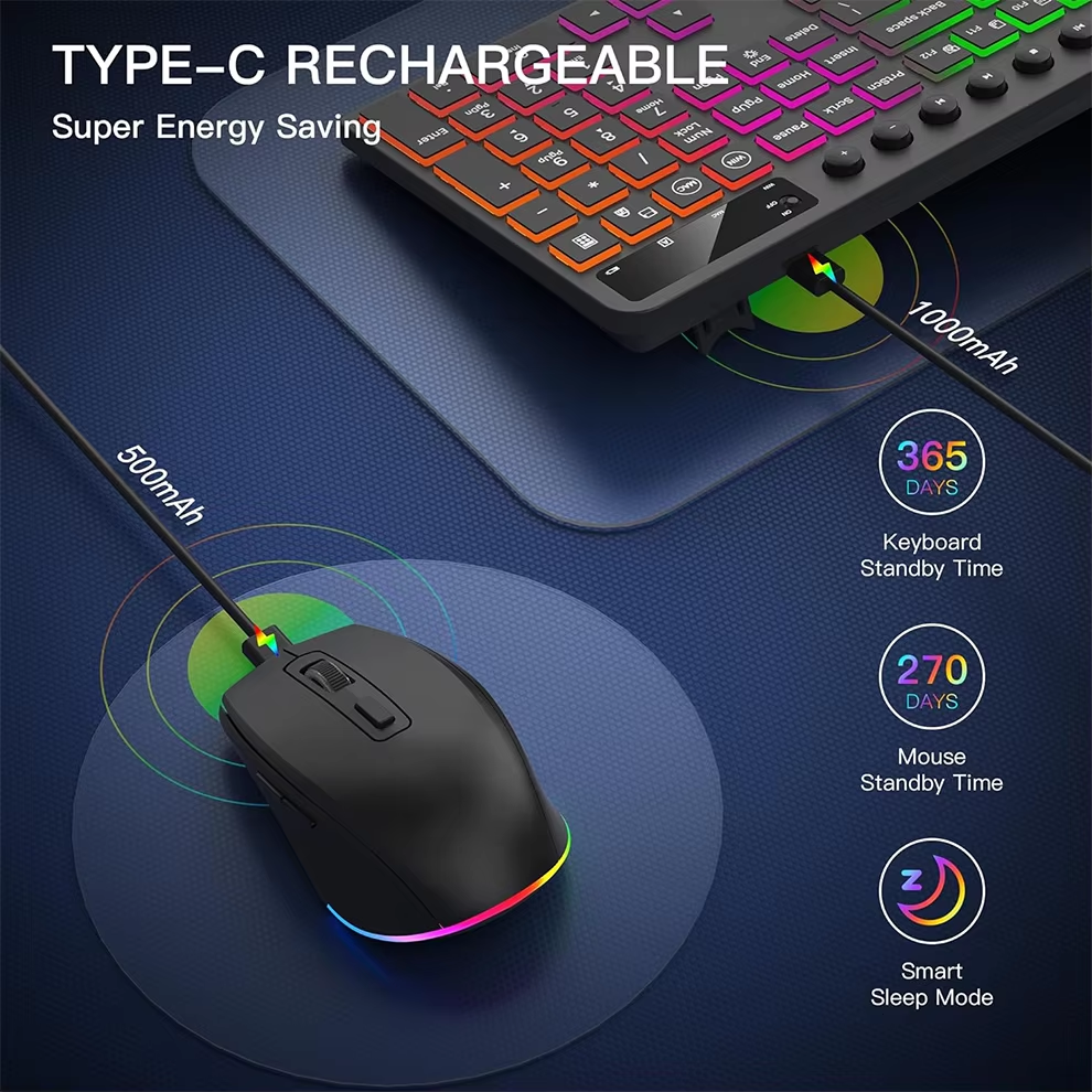 Kabellose Tastatur- und Maus-Kombination mit Hintergrundbeleuchtung, ergonomische Tastatur in voller Größe mit Telefon-Tablet-Halterung, 2,4-G-Maus für PC und Laptop