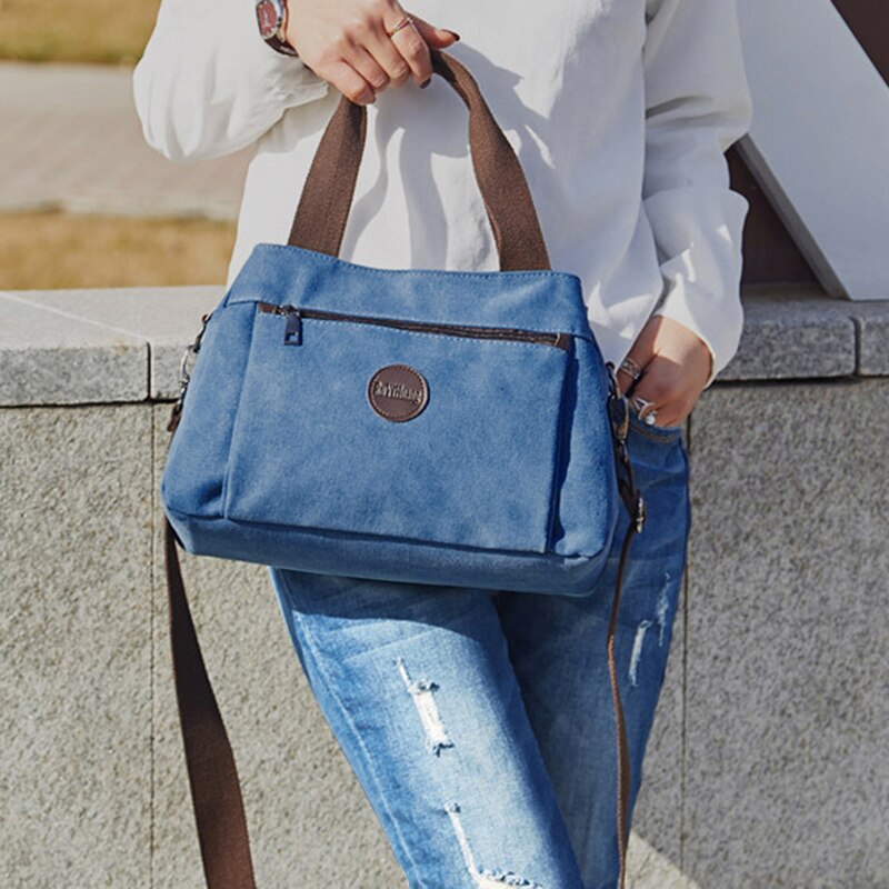 Bolso de mano Vintage para mujer, bandolera informal Lisa para niña, bolsos de lona para mujer, bolsos de un solo hombro, bolsos multibolsillos para mujer: blue