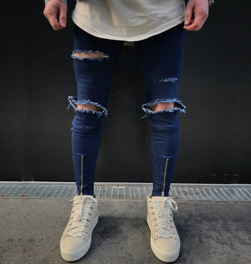 Straße Hiphop Männlichen schlank passen Jeans Männer Knie große See Denim Hosen Zerrissene Bettlern Punk gotisch Blau gewaschen Jeans kostümich: 32