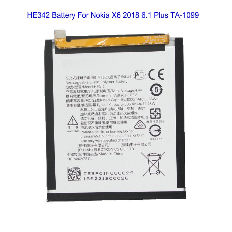 1x HE342 3060/11.78Wh 交換用バッテリーノキア X6 6.1 プラス TA-1099 TA-1109 x5 5.1 プラス電池 Bateria の