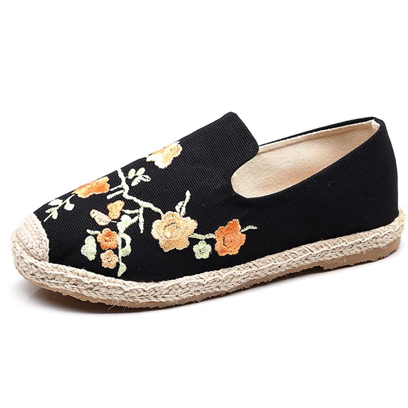 Johnature toile chaussures décontracté Floral sans lacet bout rond Style National printemps/automne broder femmes chaussures: Black / 5