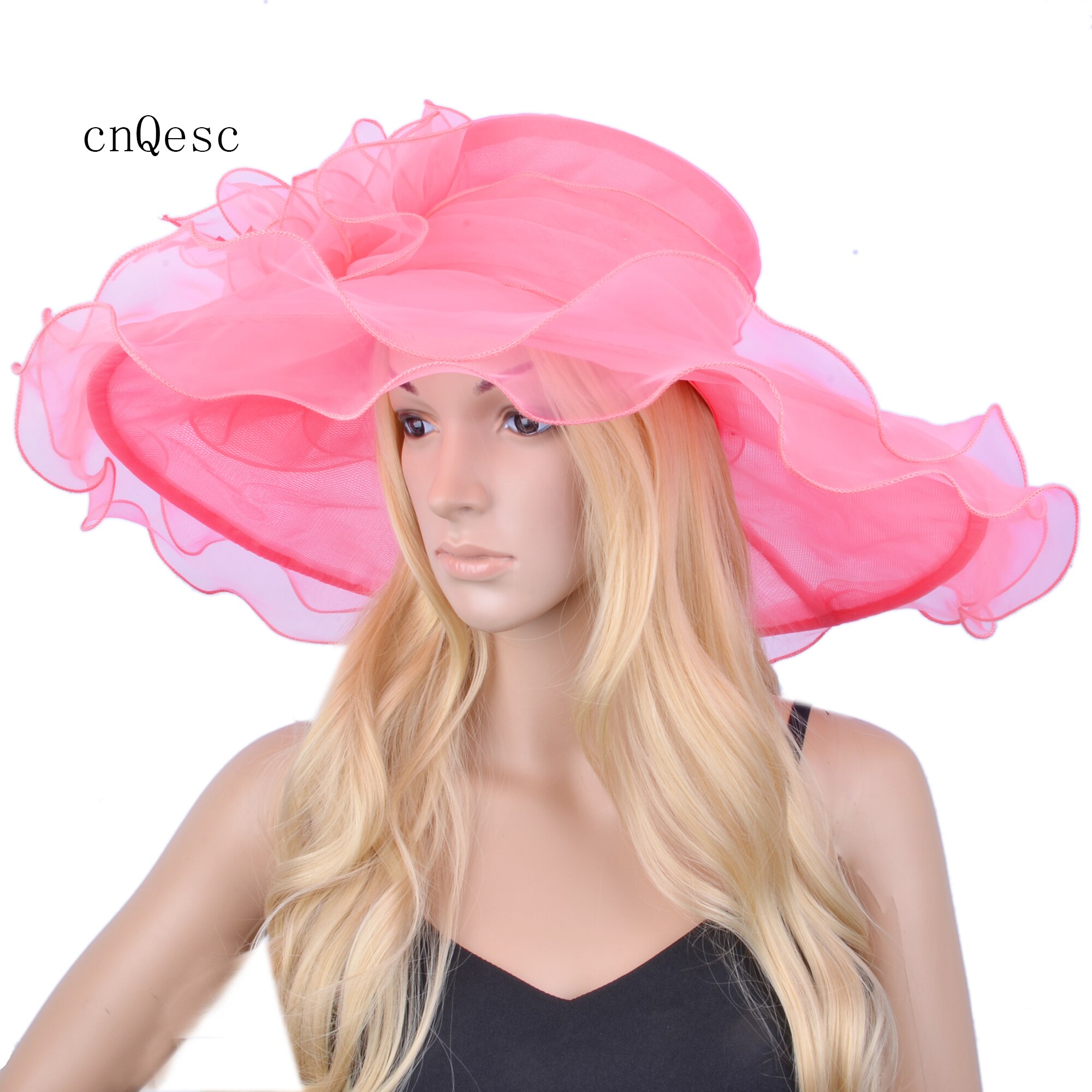 Watermelon pink X Large wide brim Organza Hat Hair Accessory sinamay fascinator for Church wedding,brim width 15.5cm.