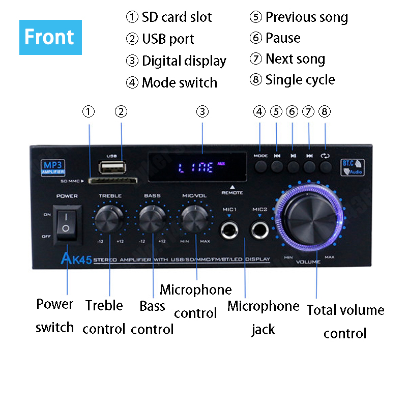 Amplificateur de puissance domestique AK45/AK35, 800W, 2 canaux, Bluetooth 5.0, son stéréo numérique Hifi, prise en charge FM, USB, SD, entrée micro